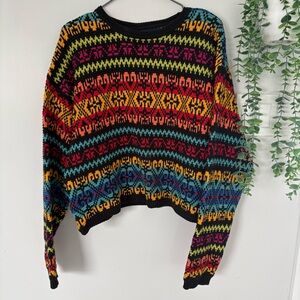 Vintage Lizsport 90s Multi-Color Fair Isle Geometric Knit Cropped Sweater M